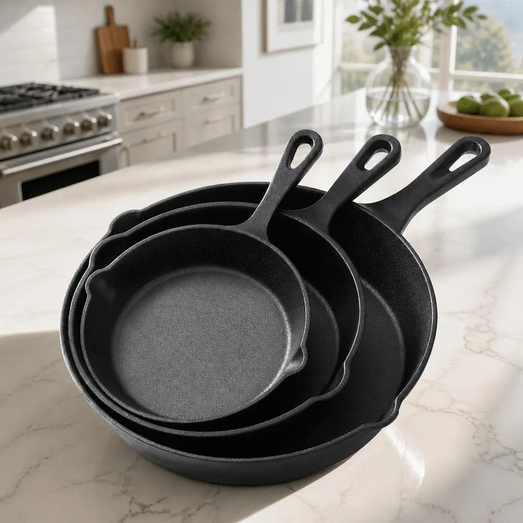 Cast Iron Frying Pan Set Non Stick 3 Piece Black Kitchen Cooking Skillet
