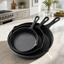 Cast Iron Frying Pan Set 3 Piece Non Stick Cookware Skillet Kitchen Cooking