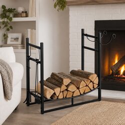 Firewood Rack Log Storage Holder with Fireplace Tools Set Heavy Duty Metal