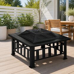 2-In-1 Fire Pit BBQ Grill Outdoor Table Black Steel Frame Garden Heating Patio