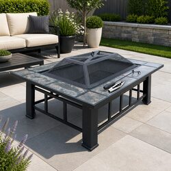 3-In-1 Fire Pit BBQ Grill Ice Bucket Outdoor Table Black Steel Ceramic Tile