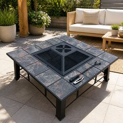 4-In-1 Fire Pit BBQ Grill Ice Bucket Outdoor Entertaining Table Black Steel