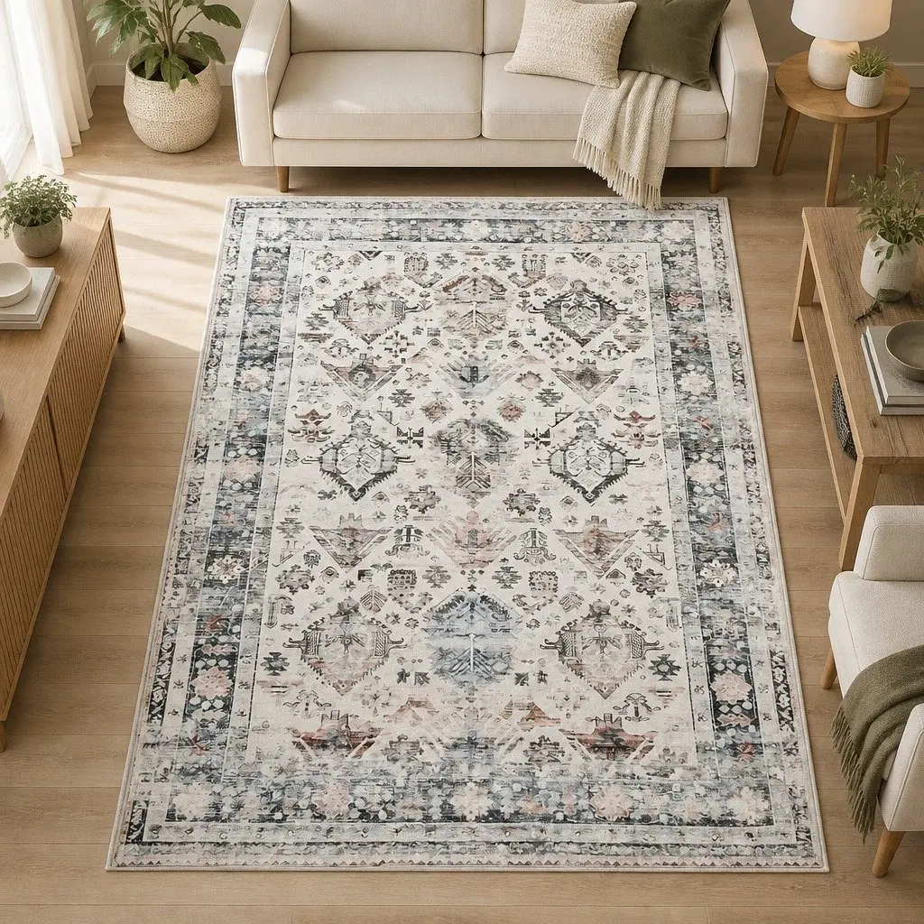 Rug Vintage Short Pile 200x290cm Washable Soft Plush Non Slip