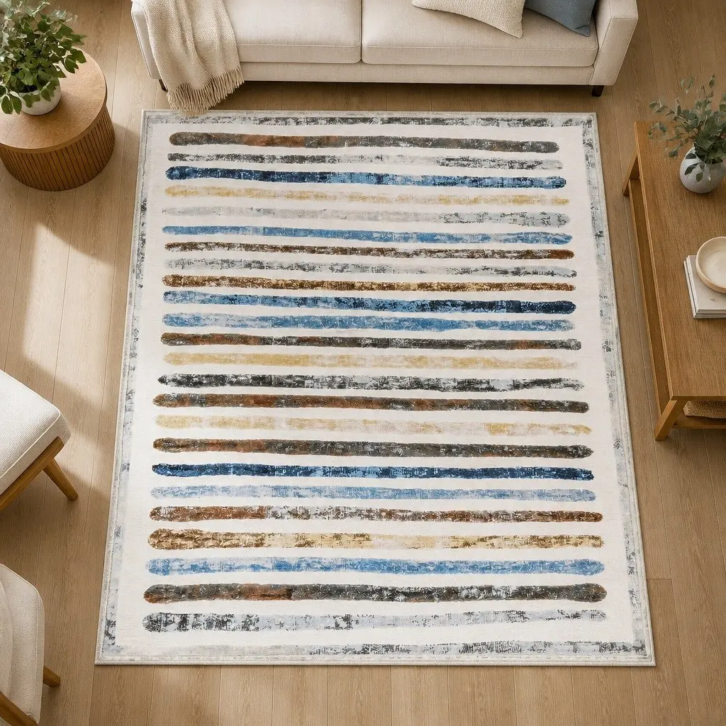 Rug Short Pile Washable Carpet Soft Plush Non Slip Stripe 200x230cm