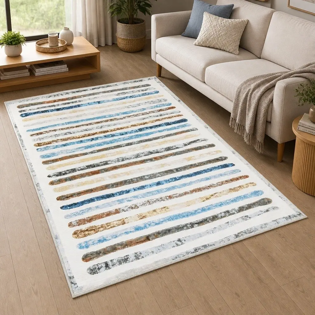 Rug Short Pile Washable Carpet Soft Plush Non Slip Stripe 200x230cm