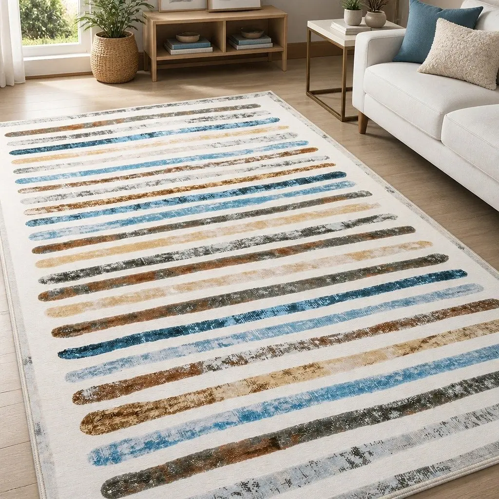 Rug Soft Plush Short Pile Washable Non Slip Stripe 80x120cm