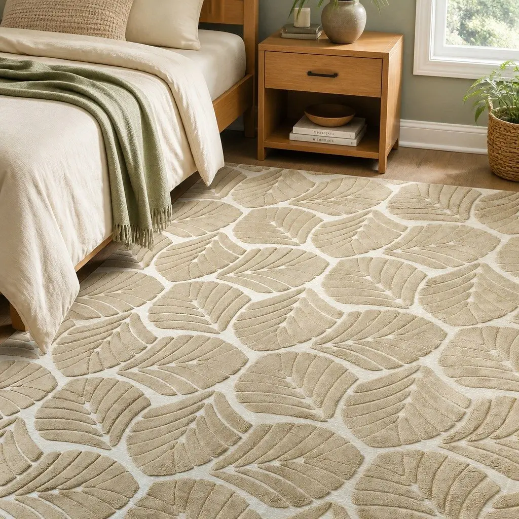 Rug Soft Plush Embossed Leaf Pattern Rectangle 200cm x 290cm Gold