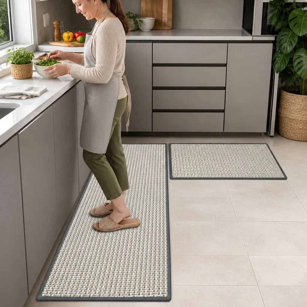Non-Slip Kitchen Rug Set 2PCS Woven Absorbent Mat Grey