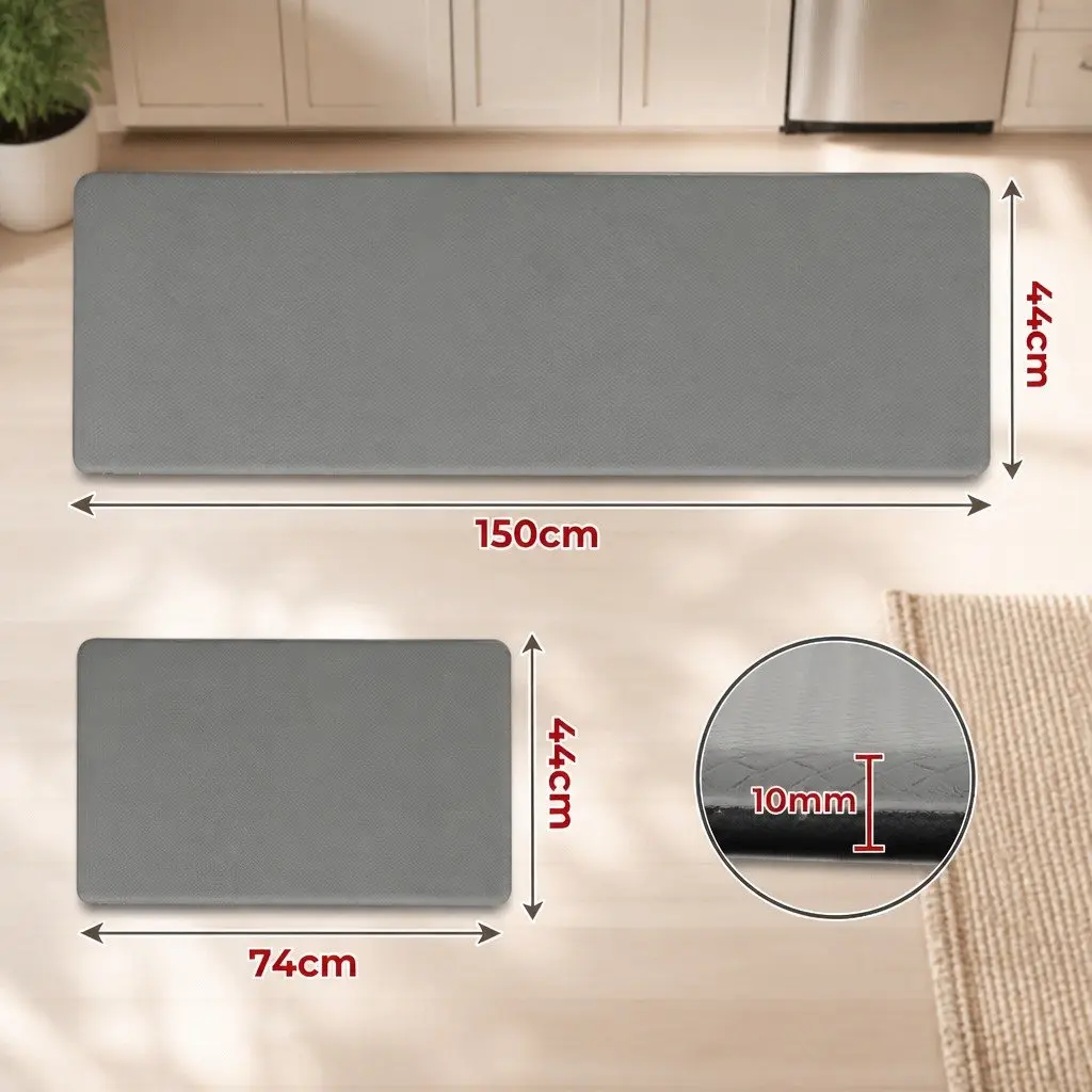 Kitchen Mat Non Slip Anti Fatigue 10mm Thick Grey Soft Rug 2 Piece Set