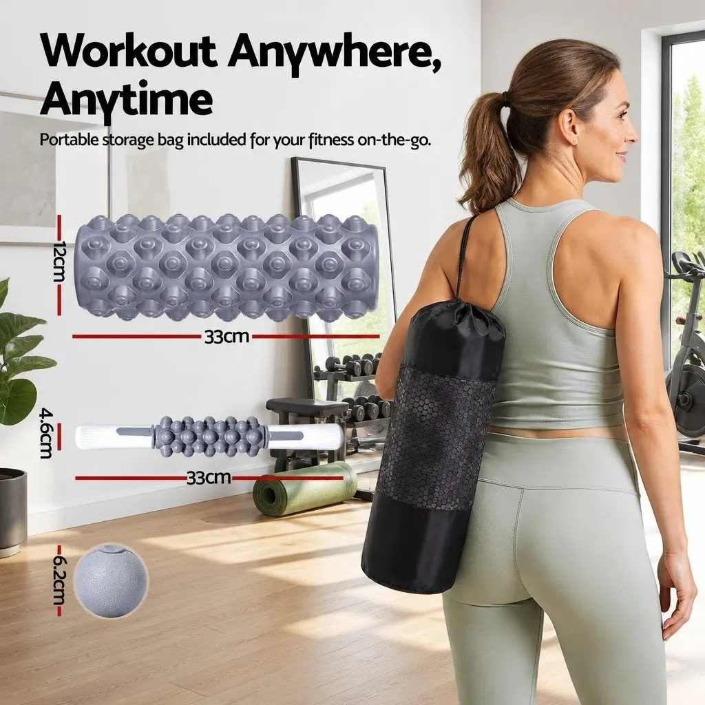 Foam Roller Set 3-in-1 Muscle Recovery Stick Massage Ball Portable Grey