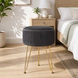Round Ottoman Footstool Velvet Vertical Stripe Grey Metal Legs Assembly