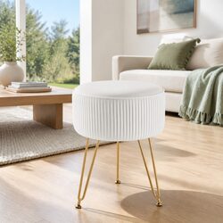 Round Ottoman Footstool Velvet Stripe Design White Living Room Seating