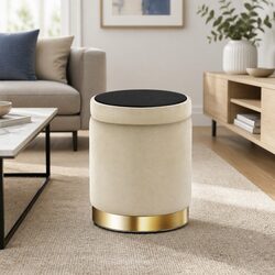 Round Ottoman Storage Footstool Velvet Cream Tufted Seat Living Room Furniture