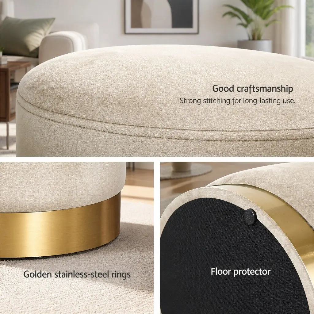 Round Ottoman Storage Footstool Tufted Velvet Cream 40cm W x 40cm D x 45cm H