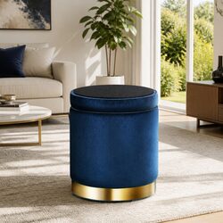 Ottoman Storage Foot Stool Round Velvet Navy Tufted Seat with High Resilience