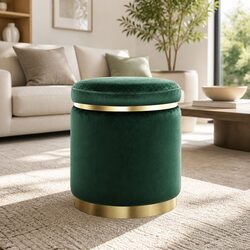 Round Ottoman Footstool Green Velvet Soft Seat Living Room Bedroom Furniture