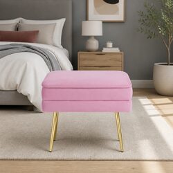 Ottoman Storage Foot Stool Velvet Pink Upholstered Seat with Detachable Lid