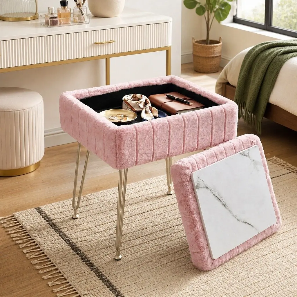 Storage Ottoman Pink Faux Fur Rectangle Reversible Table Lid Hidden Storage