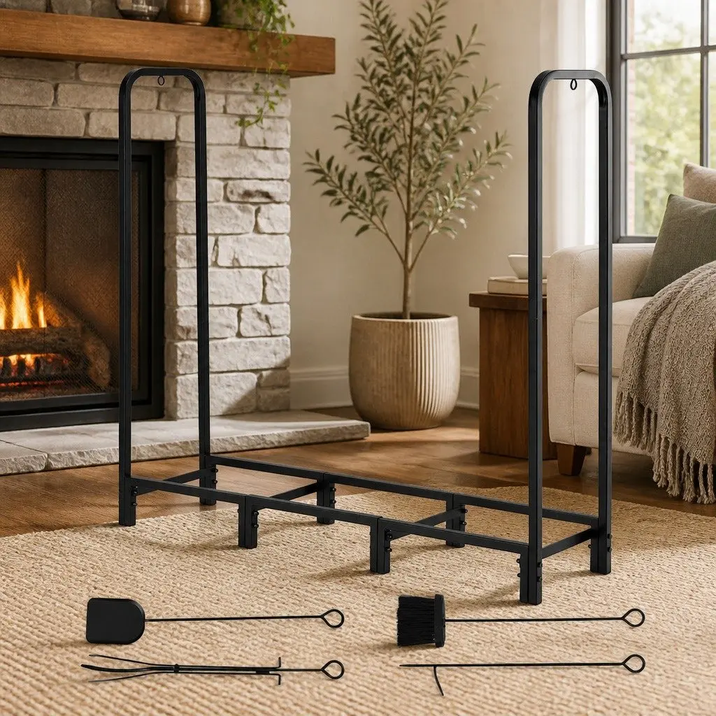 Firewood Rack Heavy-Duty Log Holder 120cm Black Steel Frame