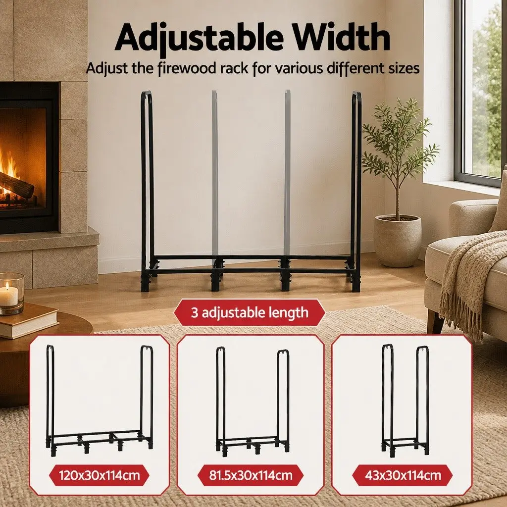 Firewood Rack Heavy-Duty Log Holder 120cm Black Steel Frame