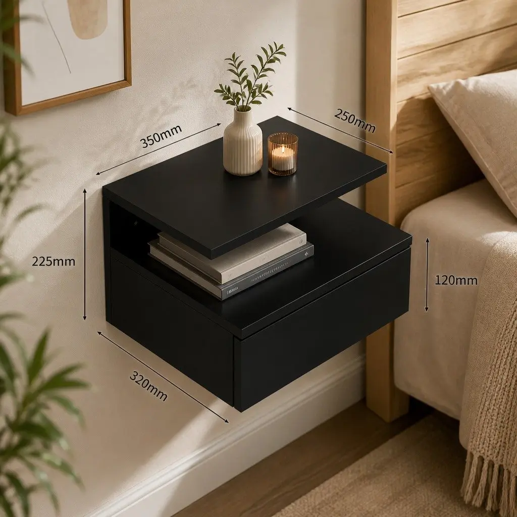 Wall Mounted Bedside Table LED Light Storage Black Set of 2