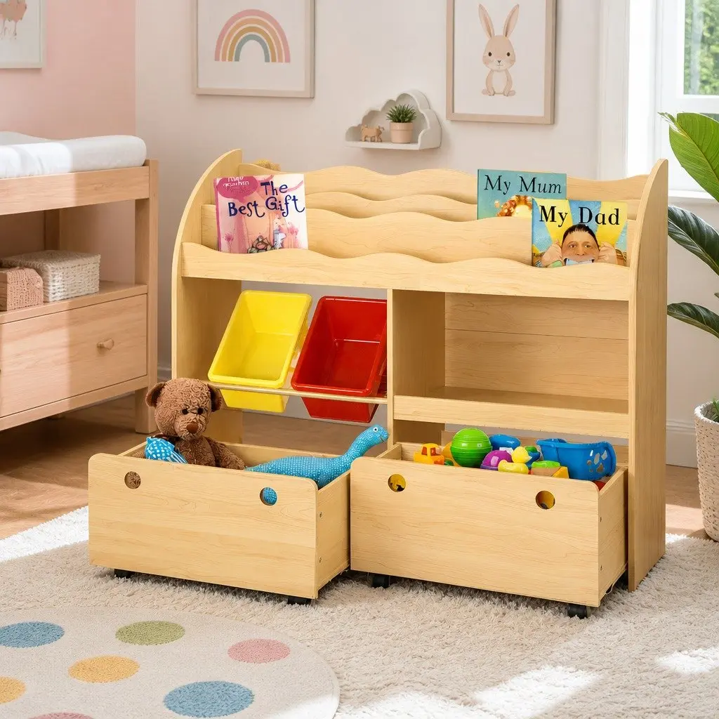 Kids 3-Tier Bookshelf Storage Organiser Display Shelf Toy Box with Removable