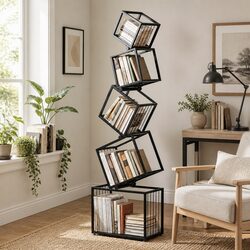 5-Tier Bookshelf Metal Geometric Display Shelf Storage Organizer Black Vertical