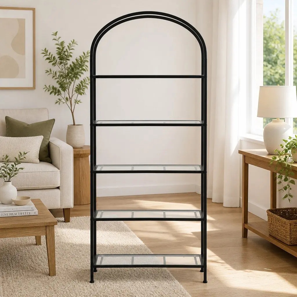 5 Tier Industrial Etagere Bookcase Metal Frame Tempered Glass Shelves Black