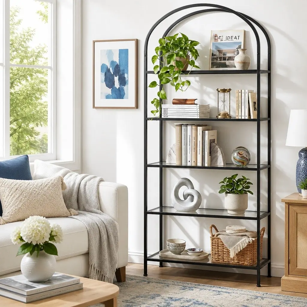 5 Tier Industrial Etagere Bookcase Metal Frame Tempered Glass Shelves Black