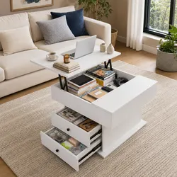 Lift Top Coffee Table Square Centre Table Rotating Top Hidden Storage White