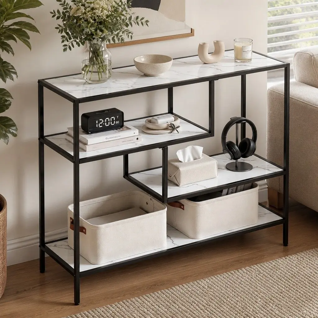 Console Table 4-Tier Open Storage Shelves Slim Black Metal Frame for Entryway Hallway