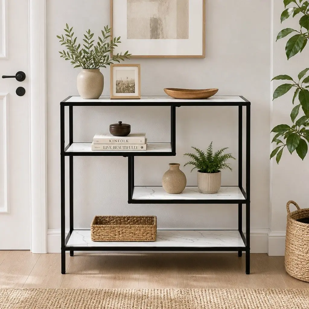 Console Table 4-Tier Open Storage Shelves Slim Black Metal Frame for Entryway Hallway