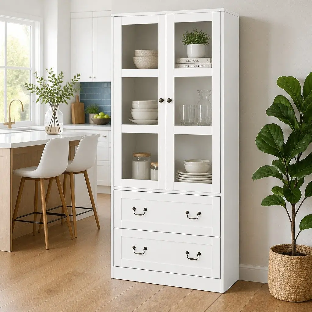 Buffet Sideboard 180cm Kitchen Storage Cabinet Hutch with Drawers Clear Door