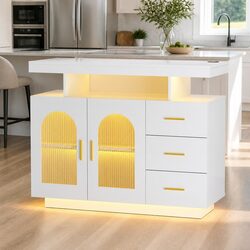 White Buffet Sideboard Cabinet with LED Lighting and Charging Ports Storage