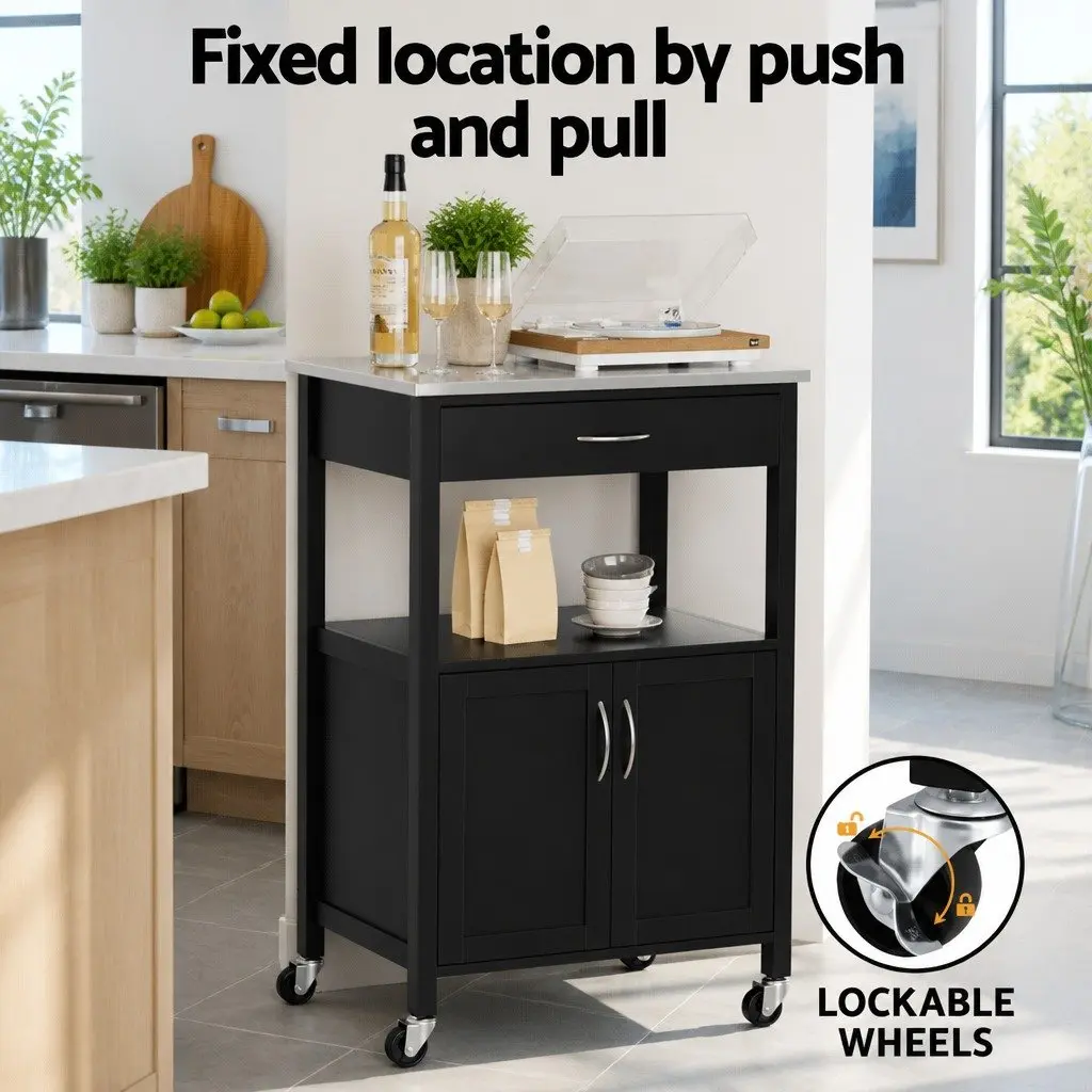 Kitchen Trolley Rolling Serving Cart Stainless Steel Top 60cm Black