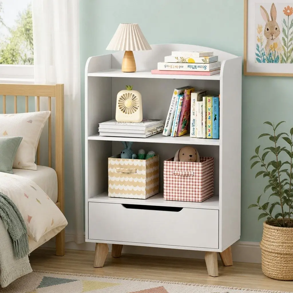 Kids Bookshelf 3 Tier Storage Bookcase Drawer Organiser Yellow Children