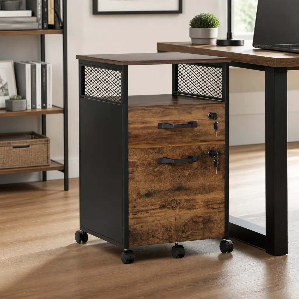 Filing Cabinet 2 Drawer Office Storage Organiser with Lockable Wheels Natural