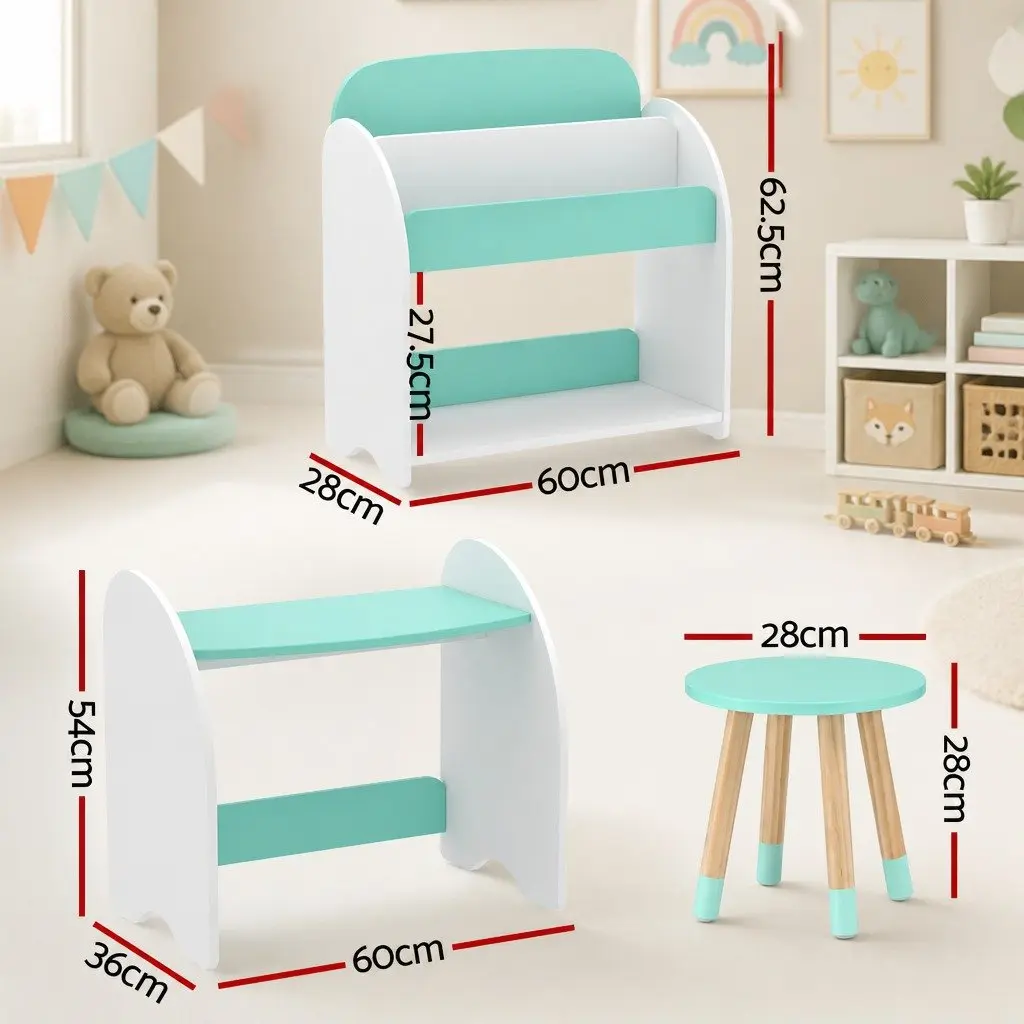 Kids Bookshelf 2-in-1 Table Chair Set Storage Organiser MDF White Green