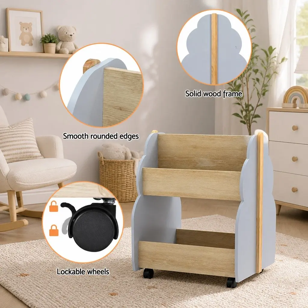 Kids Bookshelf Double-Sided Storage Unit with Wheels Grey