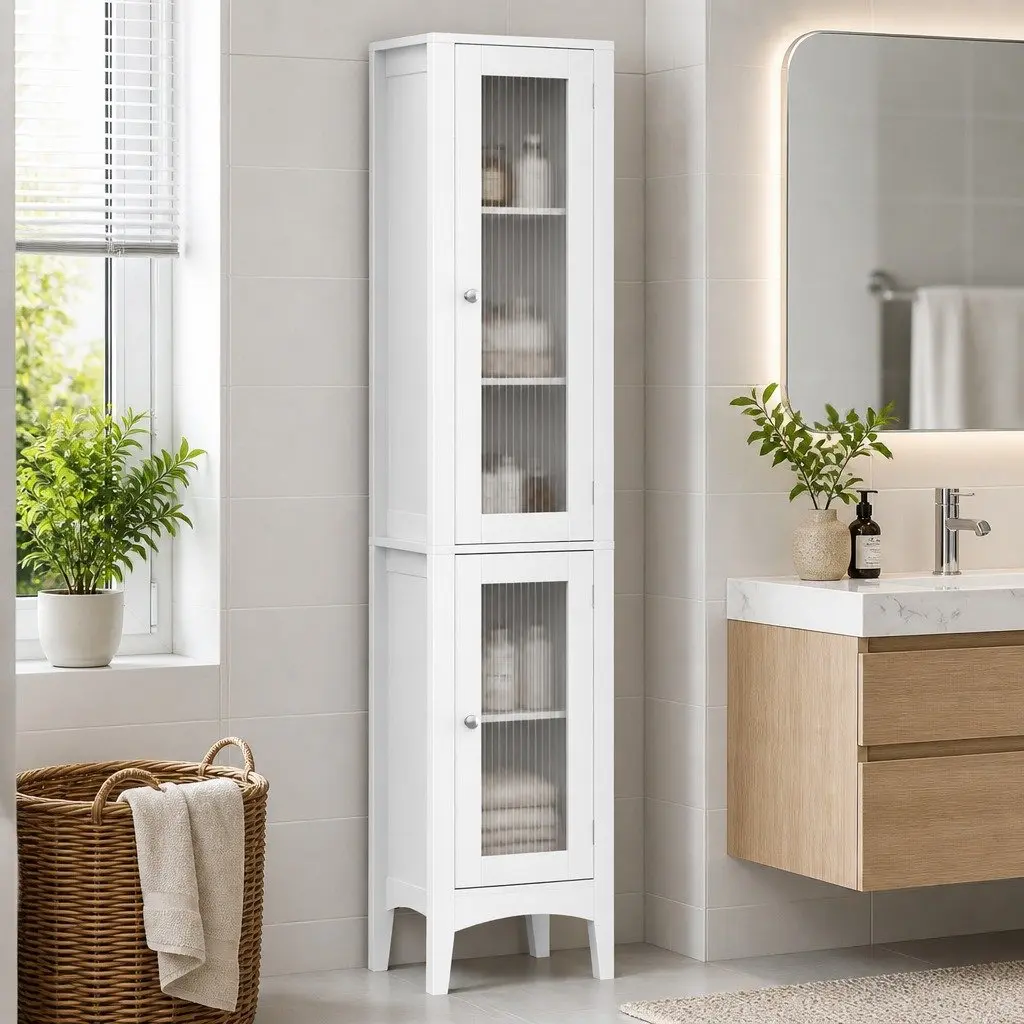 Bathroom Storage Cabinet 160cm Tall Slim Floor Cupboard Toilet Glass Door White