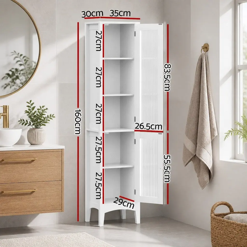 Bathroom Storage Cabinet 160cm Tall Slim Floor Cupboard Toilet Glass Door White