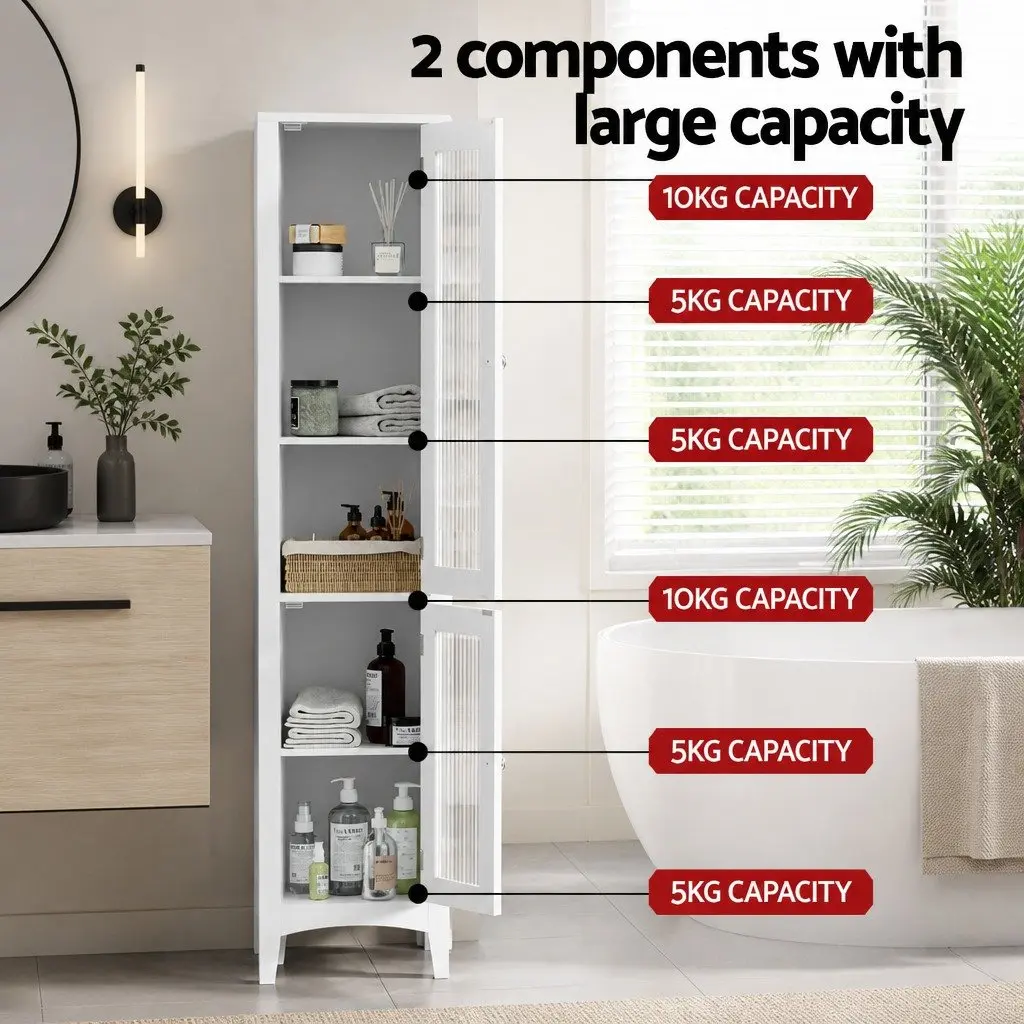 Bathroom Storage Cabinet 160cm Tall Slim Floor Cupboard Toilet Glass Door White