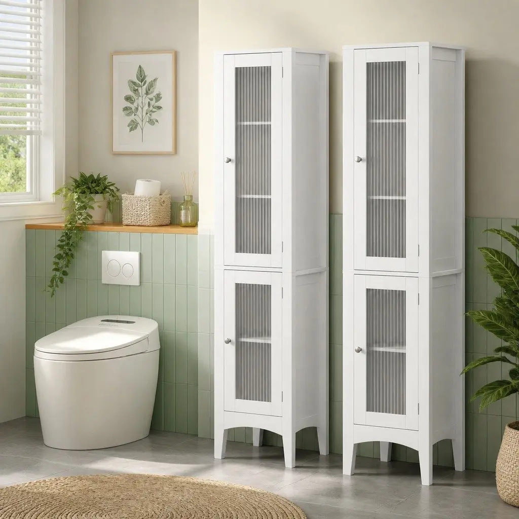 Bathroom Storage Cabinet 160cm Tall Slim Floor Cupboard Toilet Glass Door White