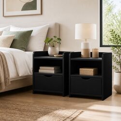 Bedside Table 1 Drawer with Shelves Black Bedroom Nightstand Storage Furniture