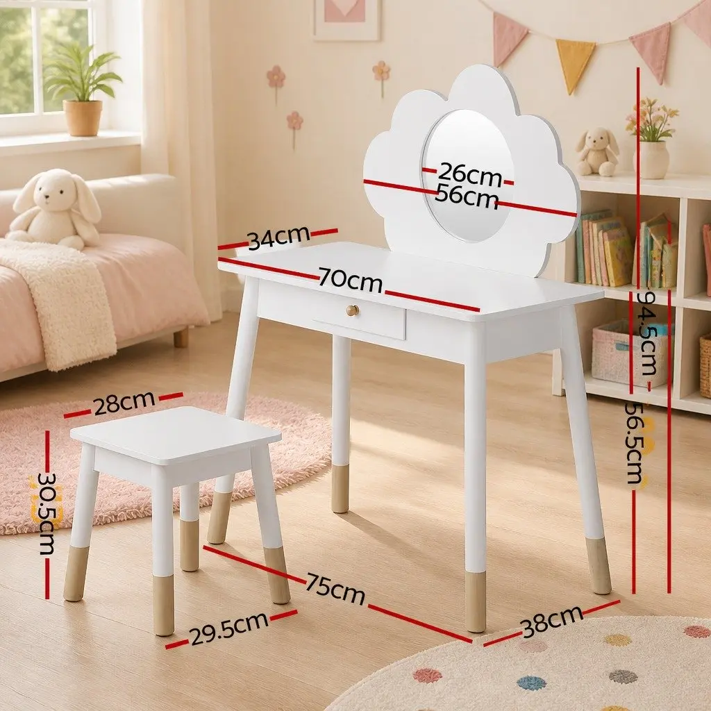 Kids Dressing Table Set Vanity Mirror Storage Drawer White Wooden Legs