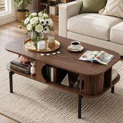 Coffee Table Living Room Center Table with Open Shelves Storage Cabinets Walnut