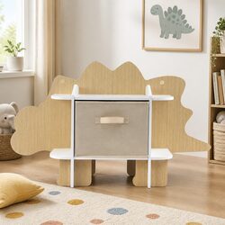 Dinosaur Kids Bookshelf 2-Tier Wooden Bookcase with Fabric Drawer Storage