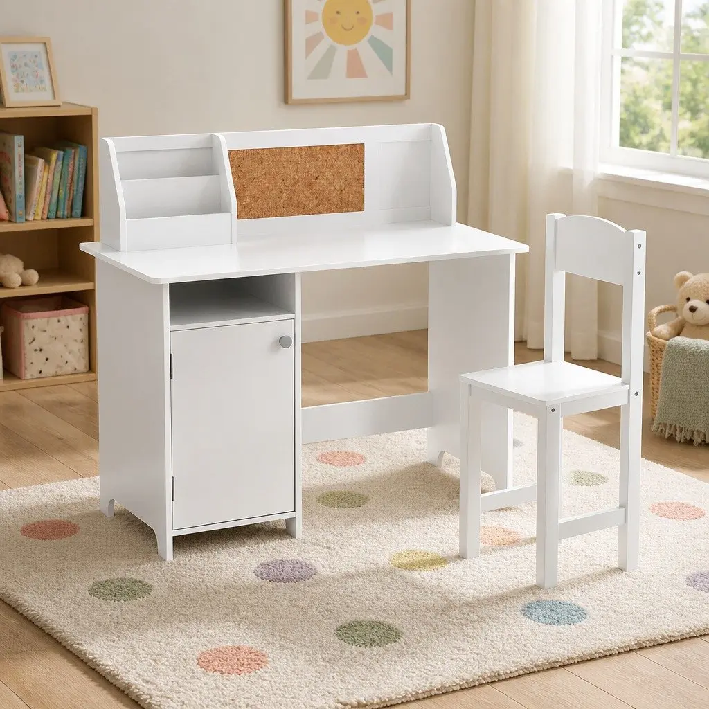 Kids Table and Chair Set Children Study Desk Storage Cabinet White Furniture