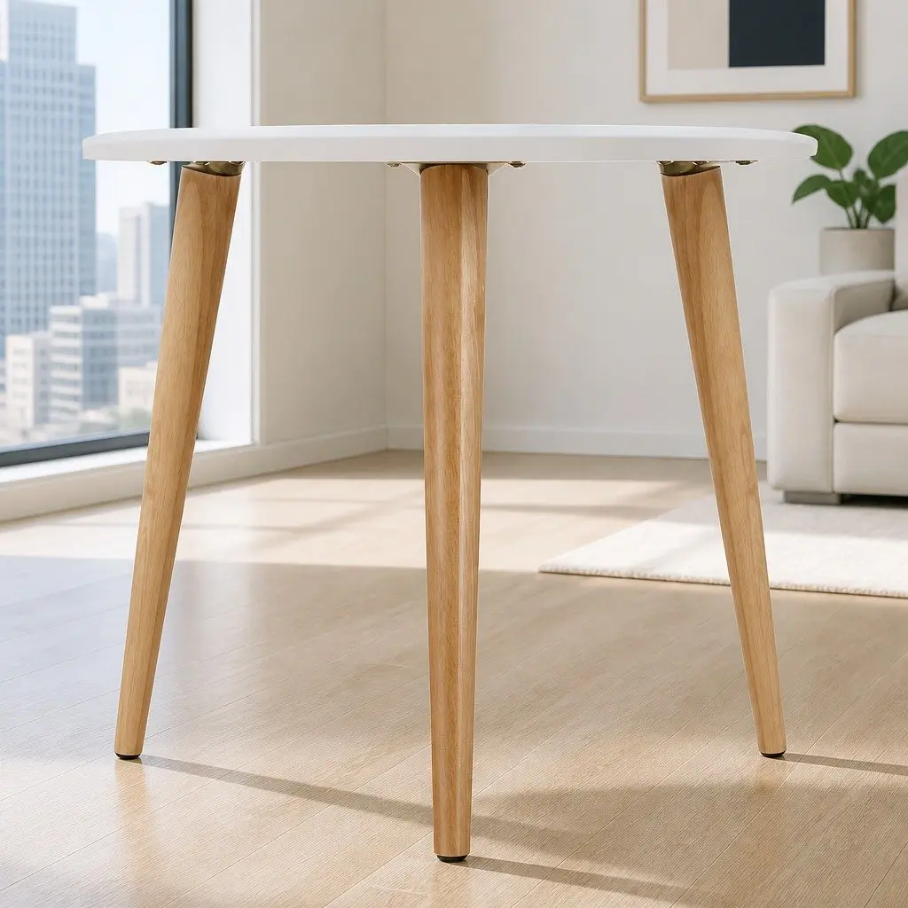 Round Coffee Table 50CM White MDF Top Beech Wood Legs Contemporary Design