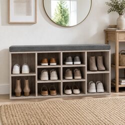 Shoe Rack Cabinet Bench with Fabric Seat 10 Compartments Storage Furniture